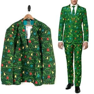 Suitmeister Men 2XL Green Multicolor Christmas Tree Tie Blazer Pant Suit Set NWT